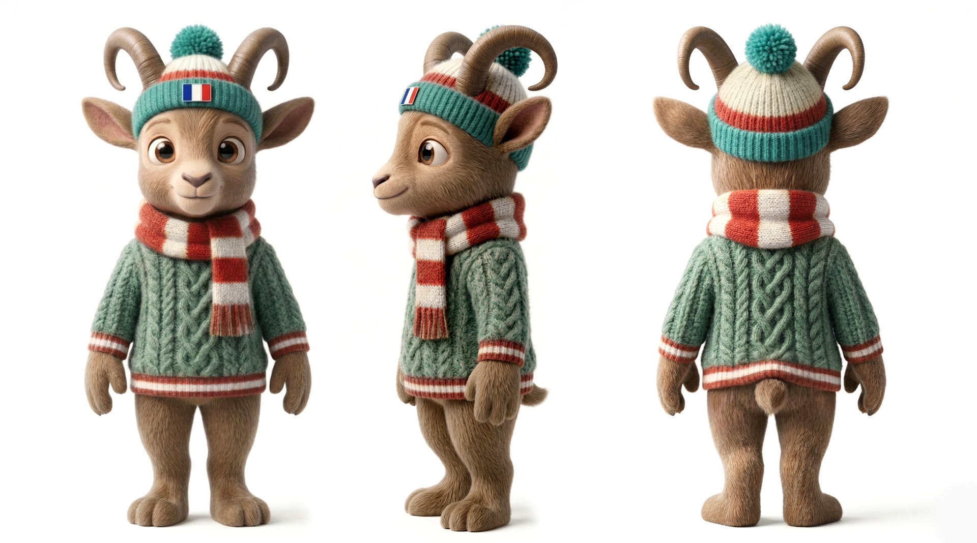 Mascotte 3D de bouquetin, vues de face, profil et dos