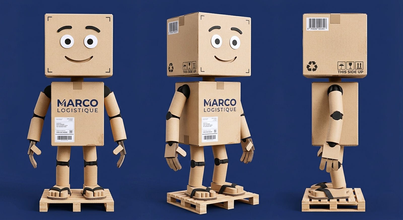 Mascotte de marque en carton, trois vues