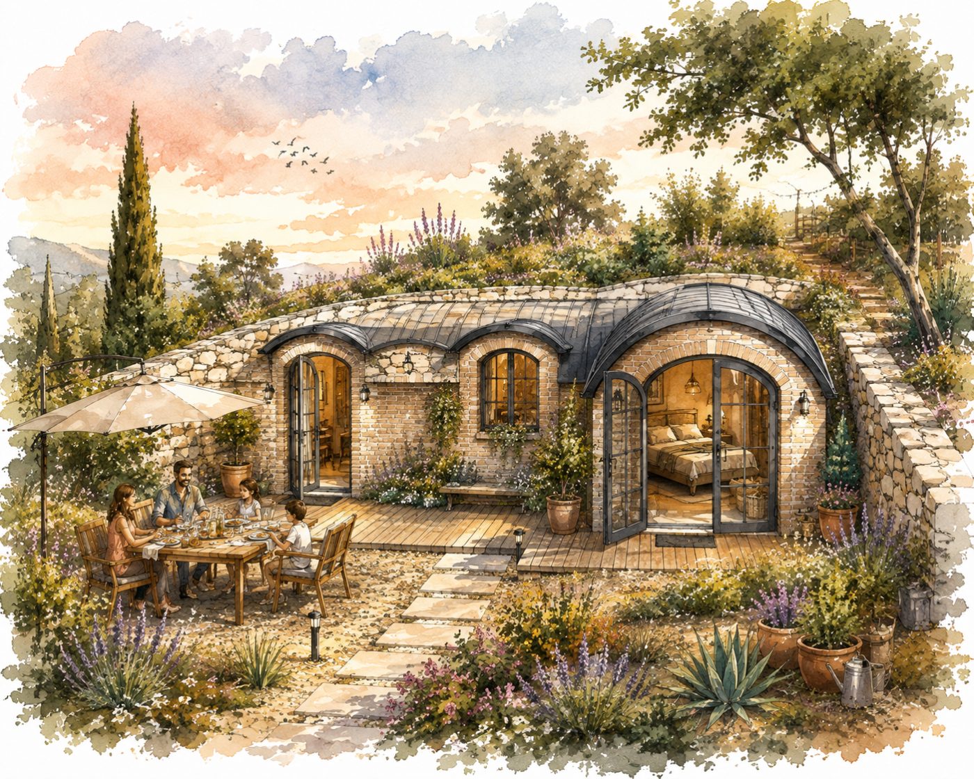 La maison au coucher du soleil, arches en brique et terrasse