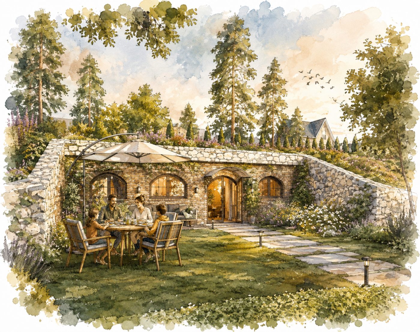 Volume semi-enterré, toiture plantée et jardin