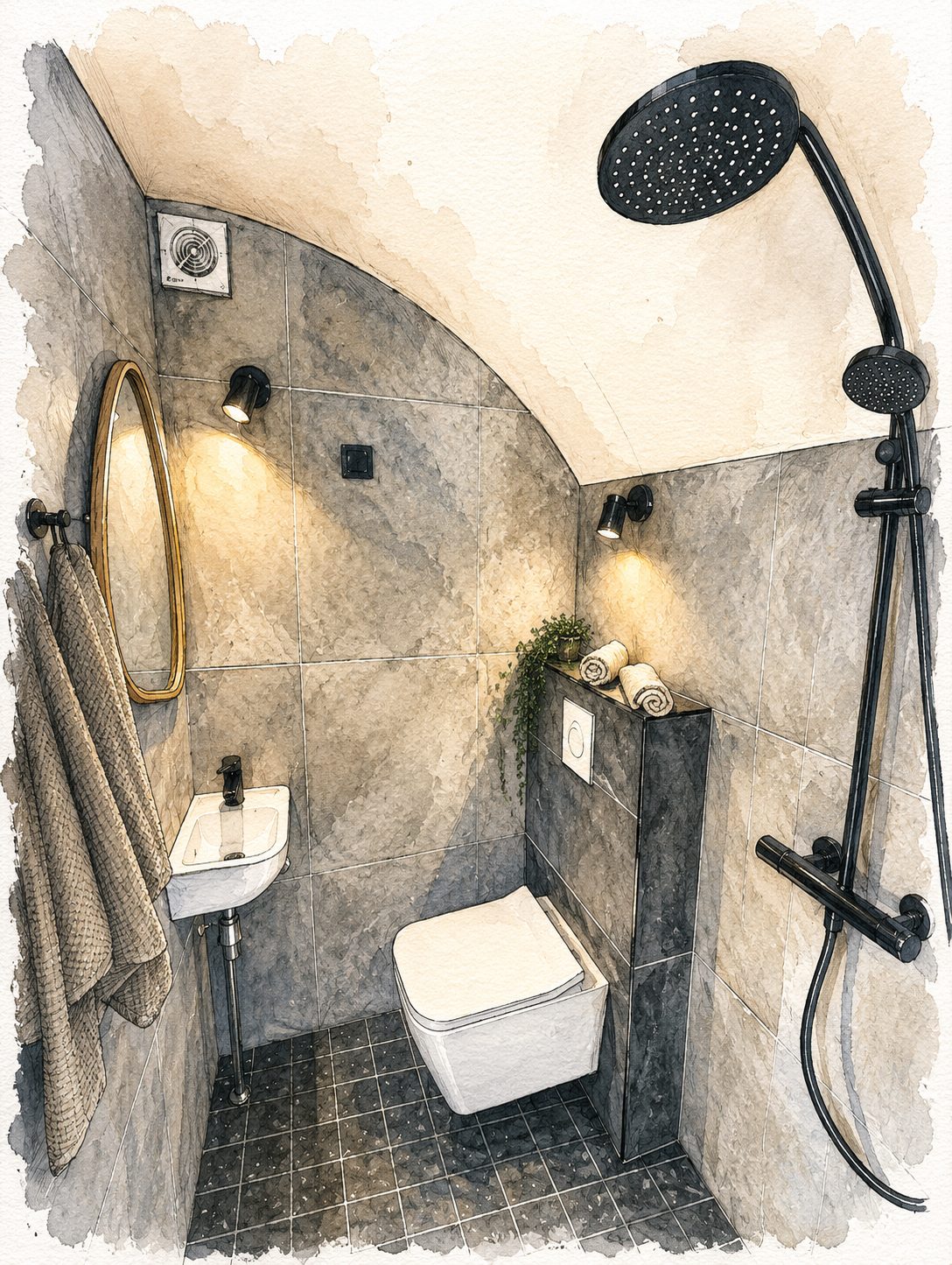 Salle de bain sous voûte, douche à l'italienne