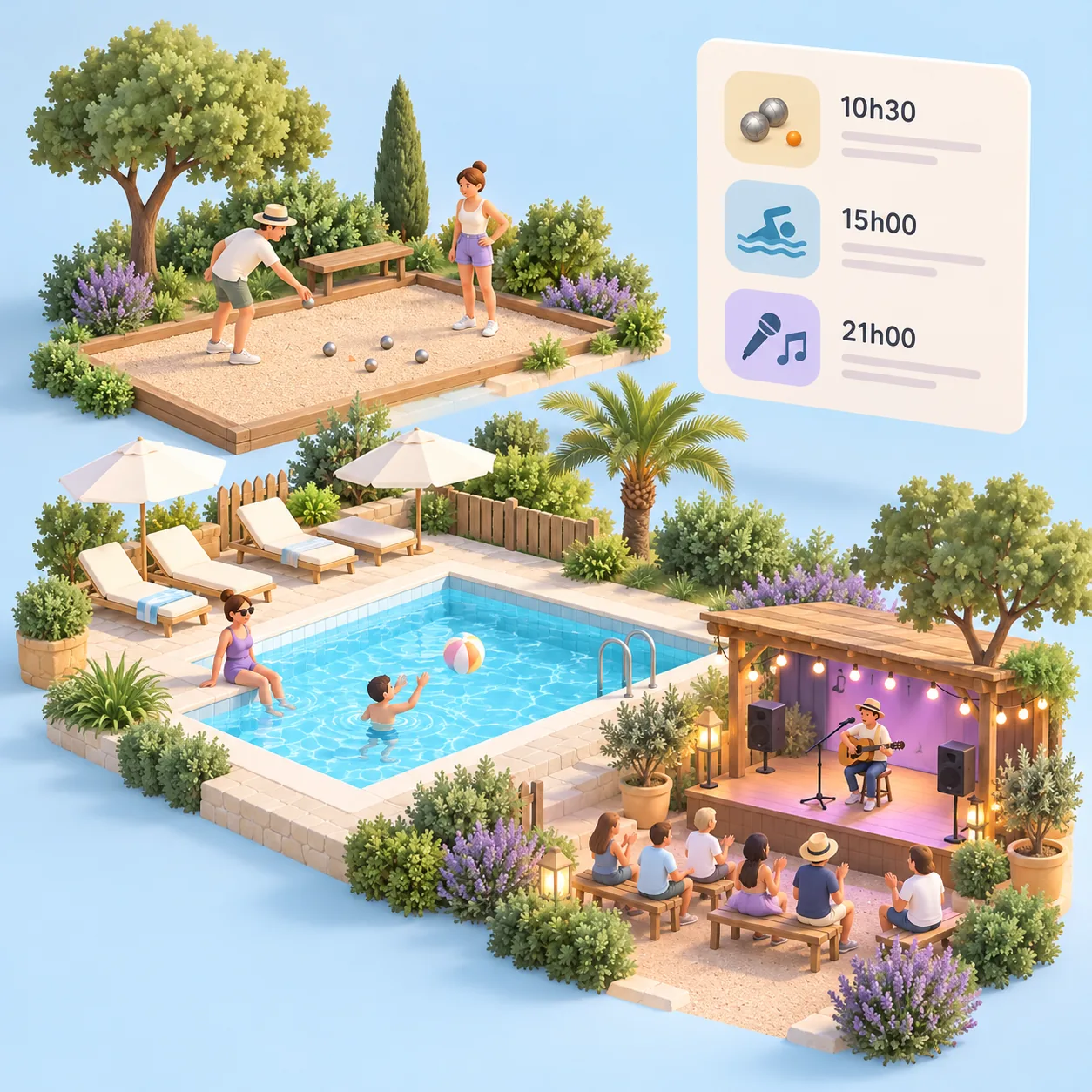Campsite activities programme with a swimming pool and a boules court