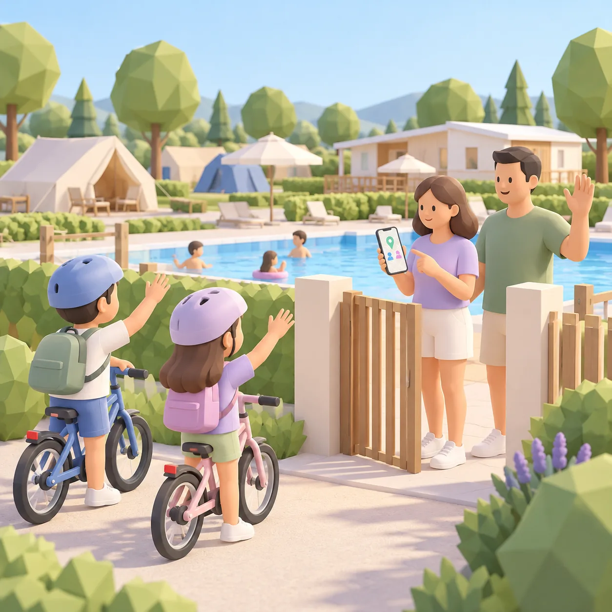 Cartomapix map: children on bikes find their parents near the campsite pool