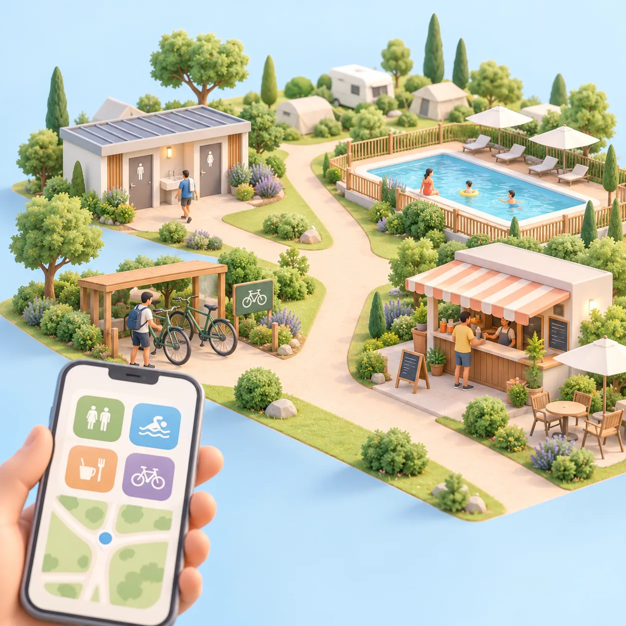 A campsite's services marked on the interactive map