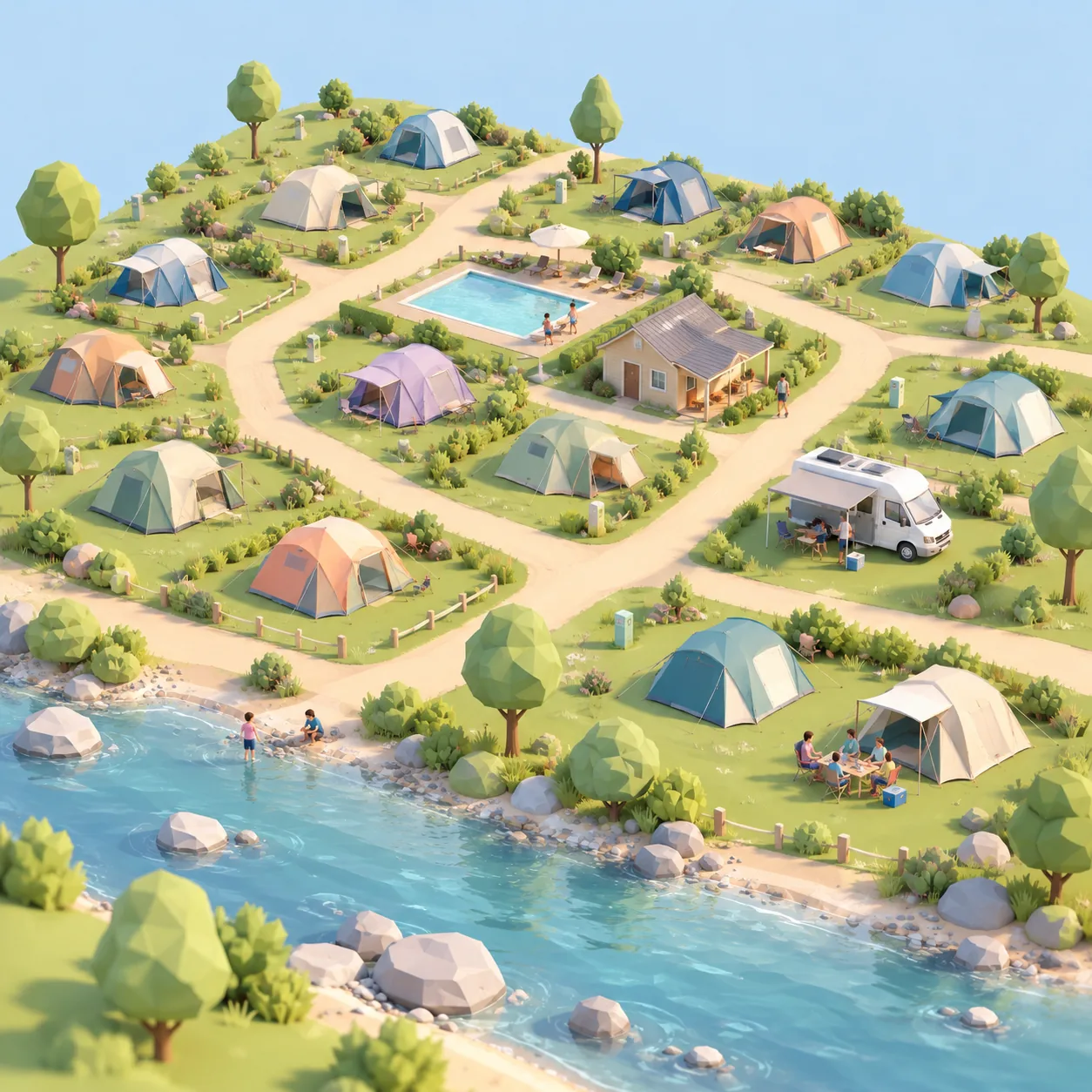 Illustrated 3D map of a campsite with family tents, a swimming pool and a river