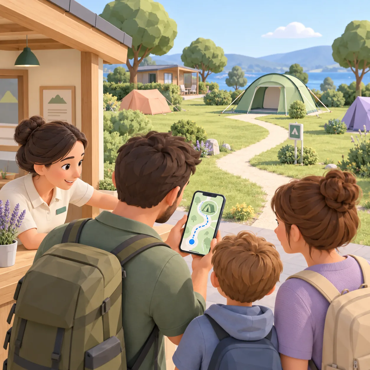 A family checks the map on a phone to reach their pitch