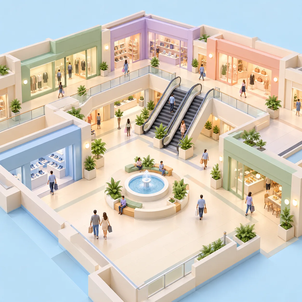 Illustrated 3D map of a shopping arcade with escalators and a fountain