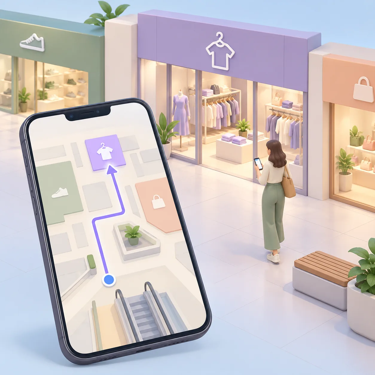 A visitor looks for a shop and follows the route on their phone