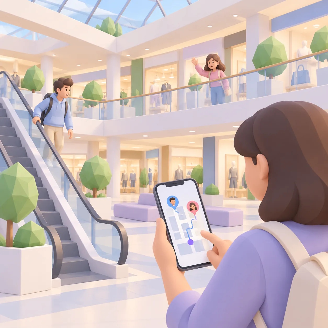 Cartomapix map: friends meet up in a shopping centre over two floors