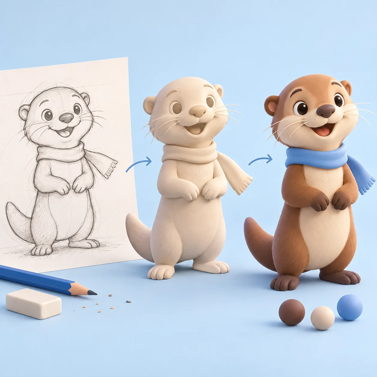 From sketch to 3D character, then to the final render
