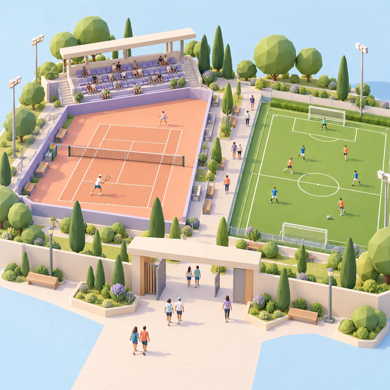 Illustrated 3D map of a stadium with stands, pitch and entrances