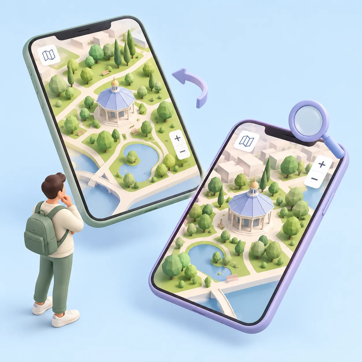 A visitor spins and zooms the 3D map
