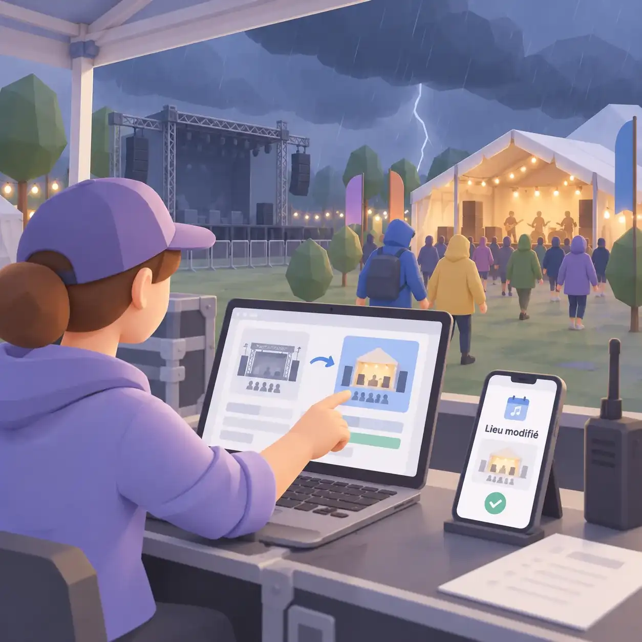 An organiser updates the festival programme on Cartomapix during a storm