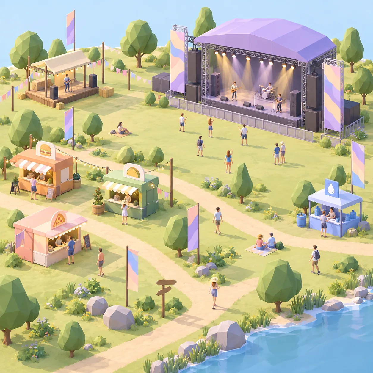 Illustrated 3D map of a festival with stages, stands and food areas
