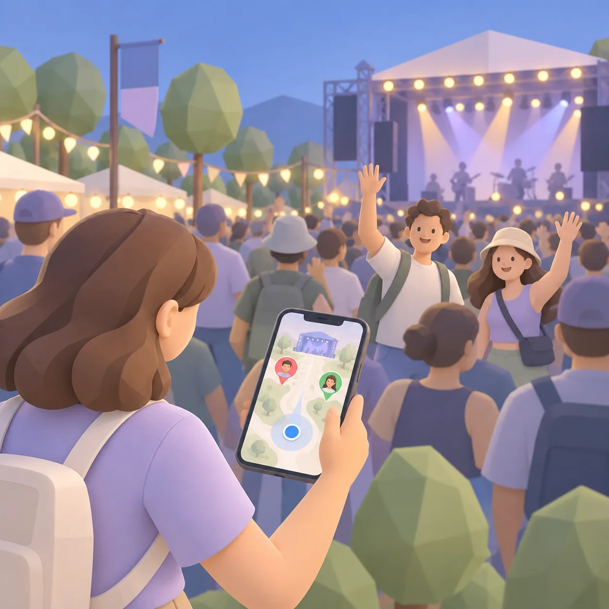 Cartomapix map: friends meet up in a festival crowd