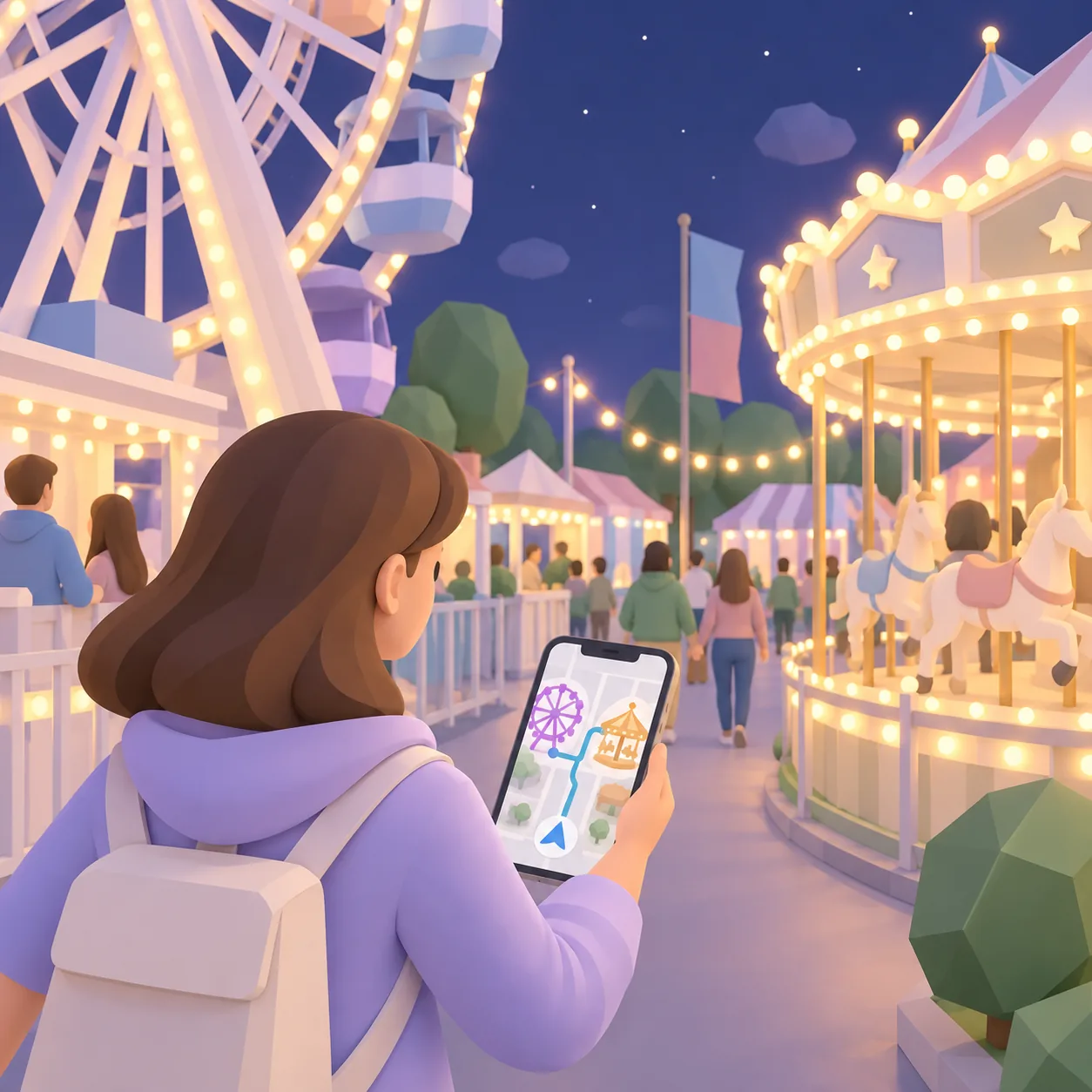 Carte Cartomapix : itinéraire de nuit entre les manèges d'une fête foraine