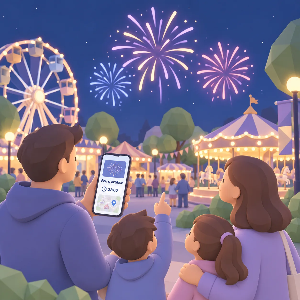 Carte Cartomapix : programme du feu d'artifice sur une fête foraine