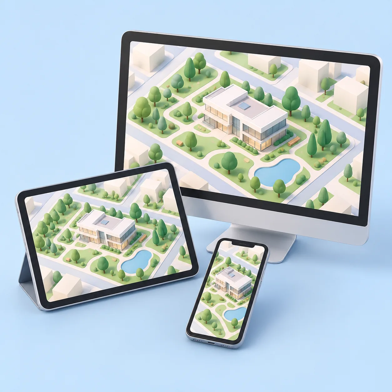 The same project shown on a computer, tablet and phone