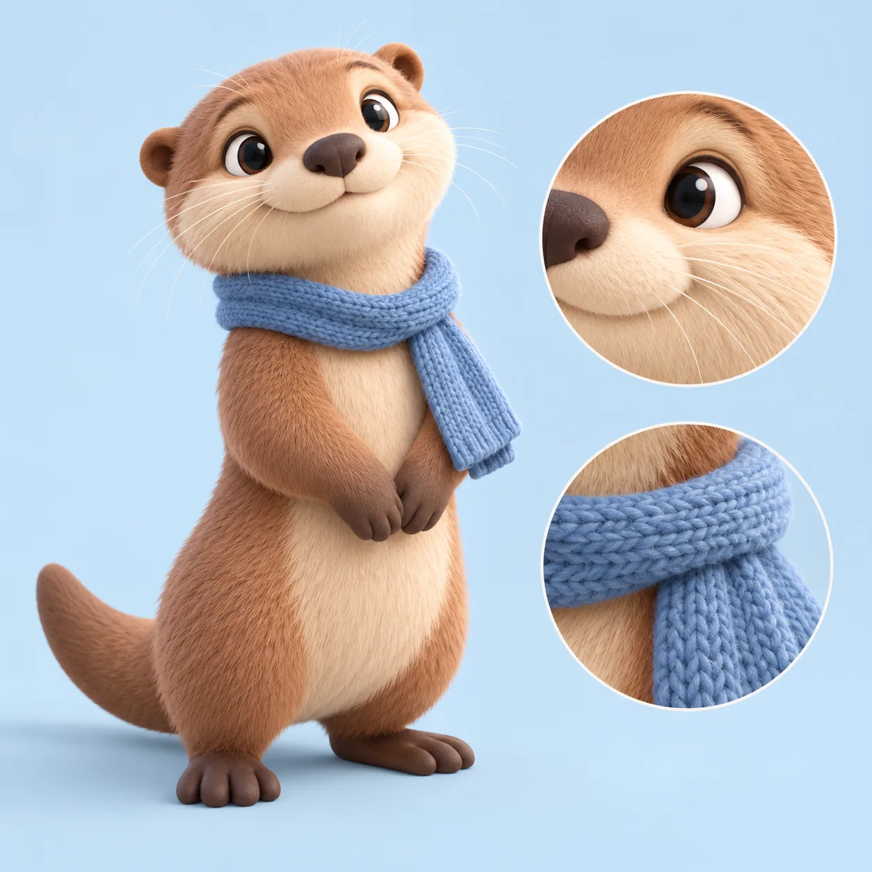 Close-ups of the mascot's fur and knitted scarf