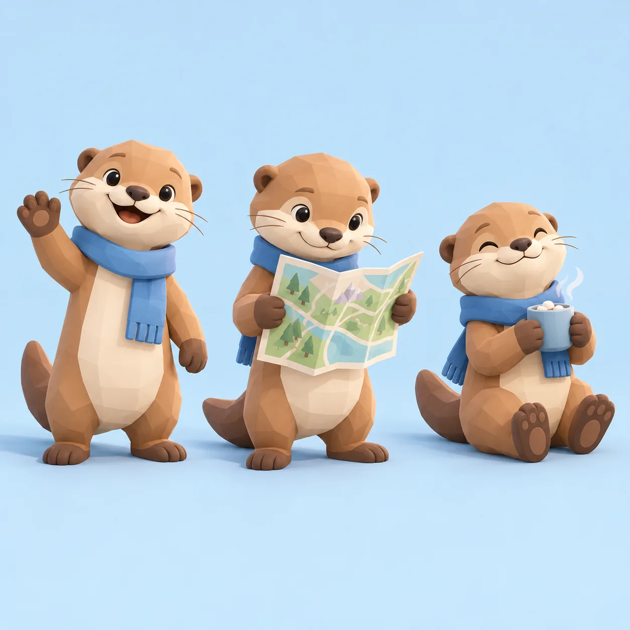 The same mascot in several poses and settings