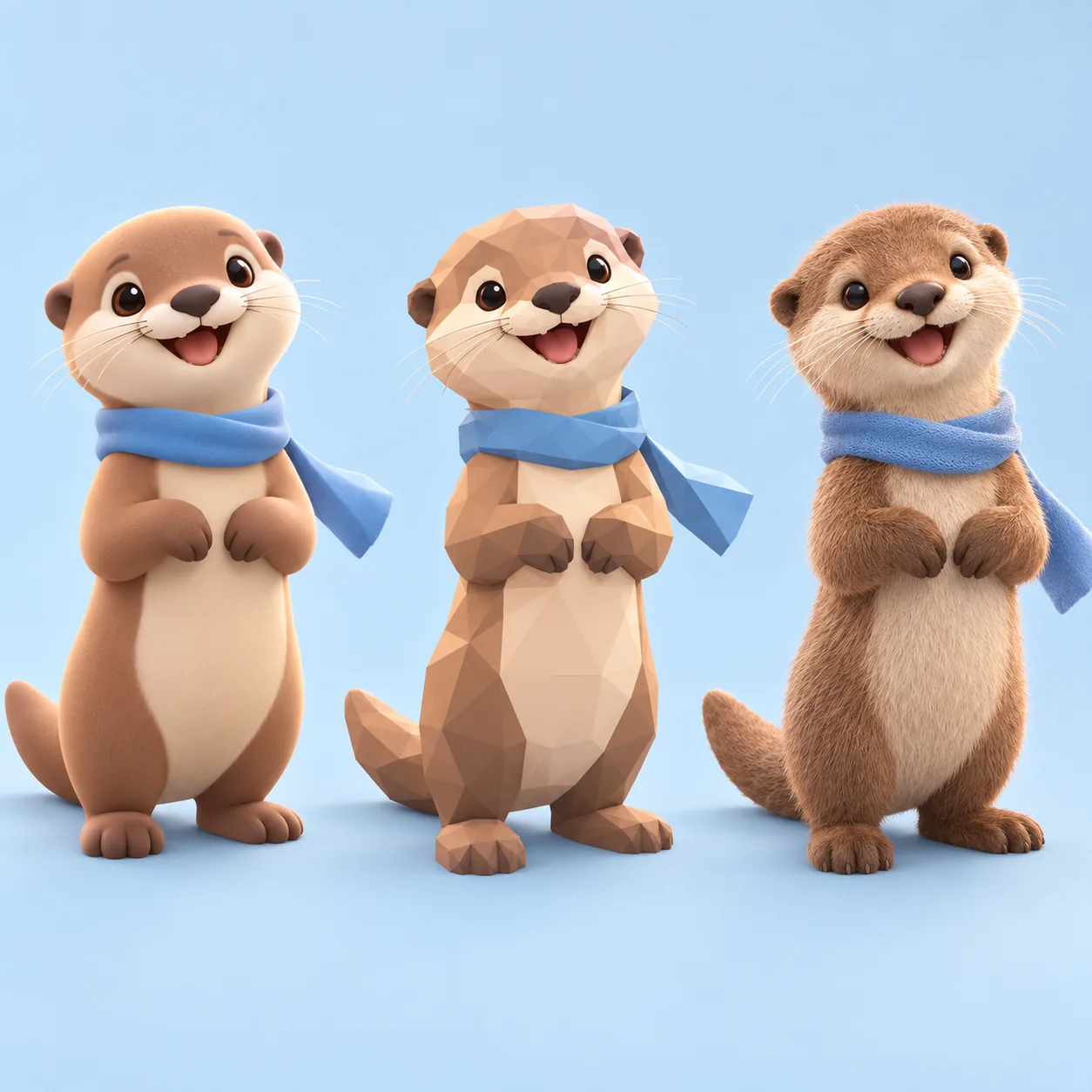 The same character in cartoon, low poly and realistic styles