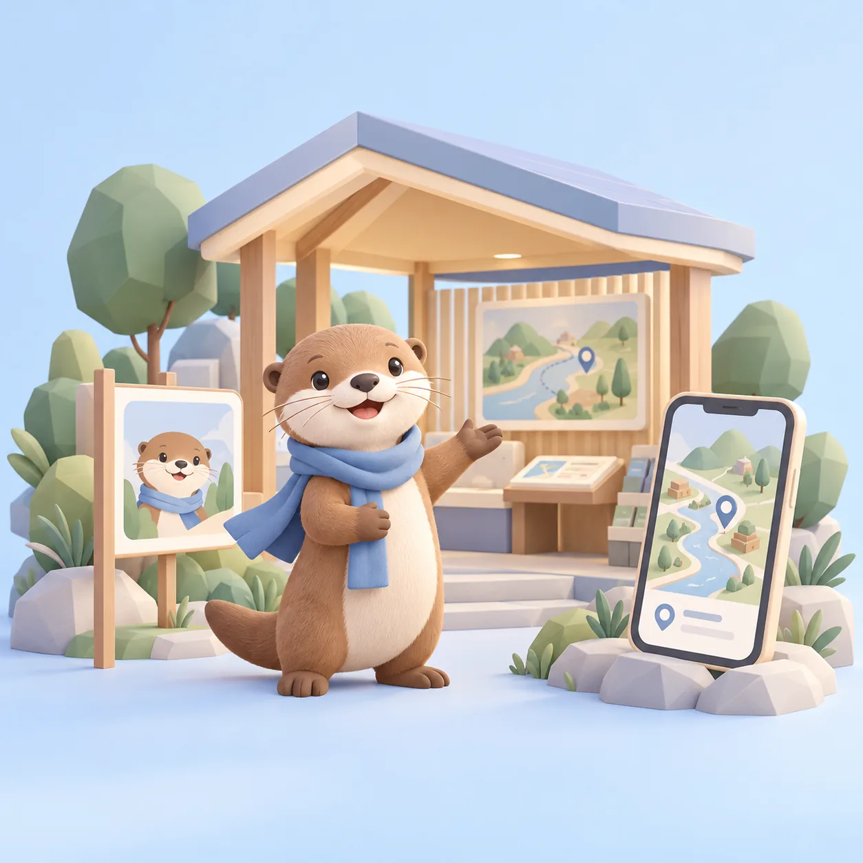 The mascot in its setting, shown on a poster and a phone