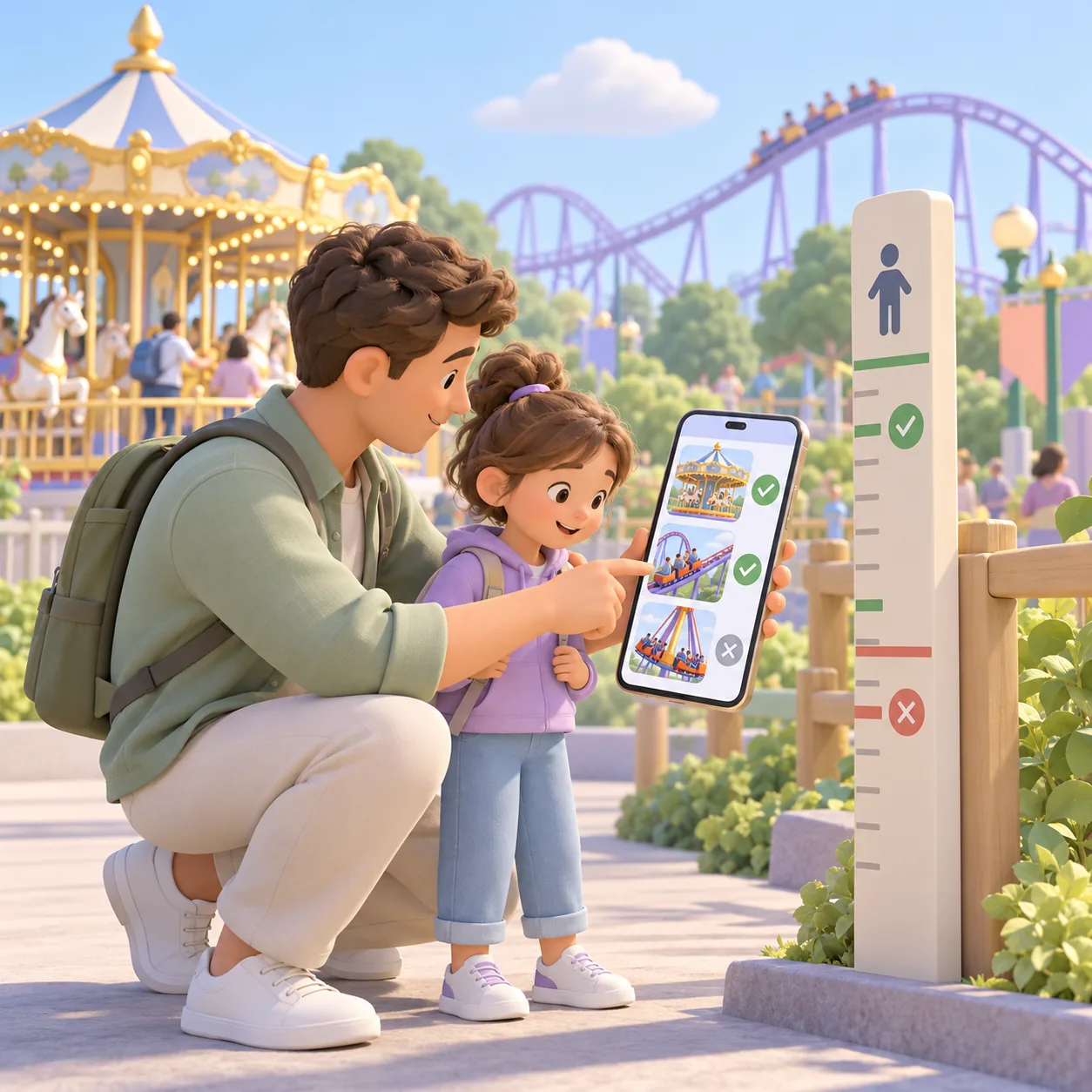 A father and his daughter choose a suitable ride