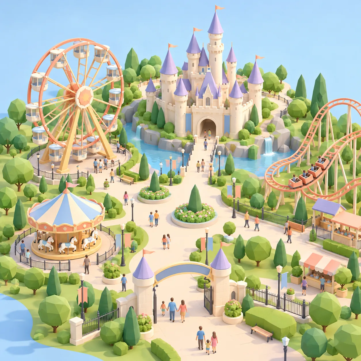 Illustrated 3D map of a theme park with a castle, a big wheel and roller coasters