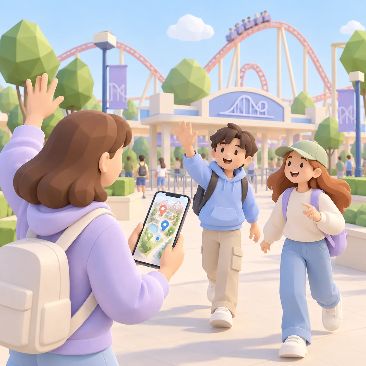 Cartomapix map: a group meets up in a theme park