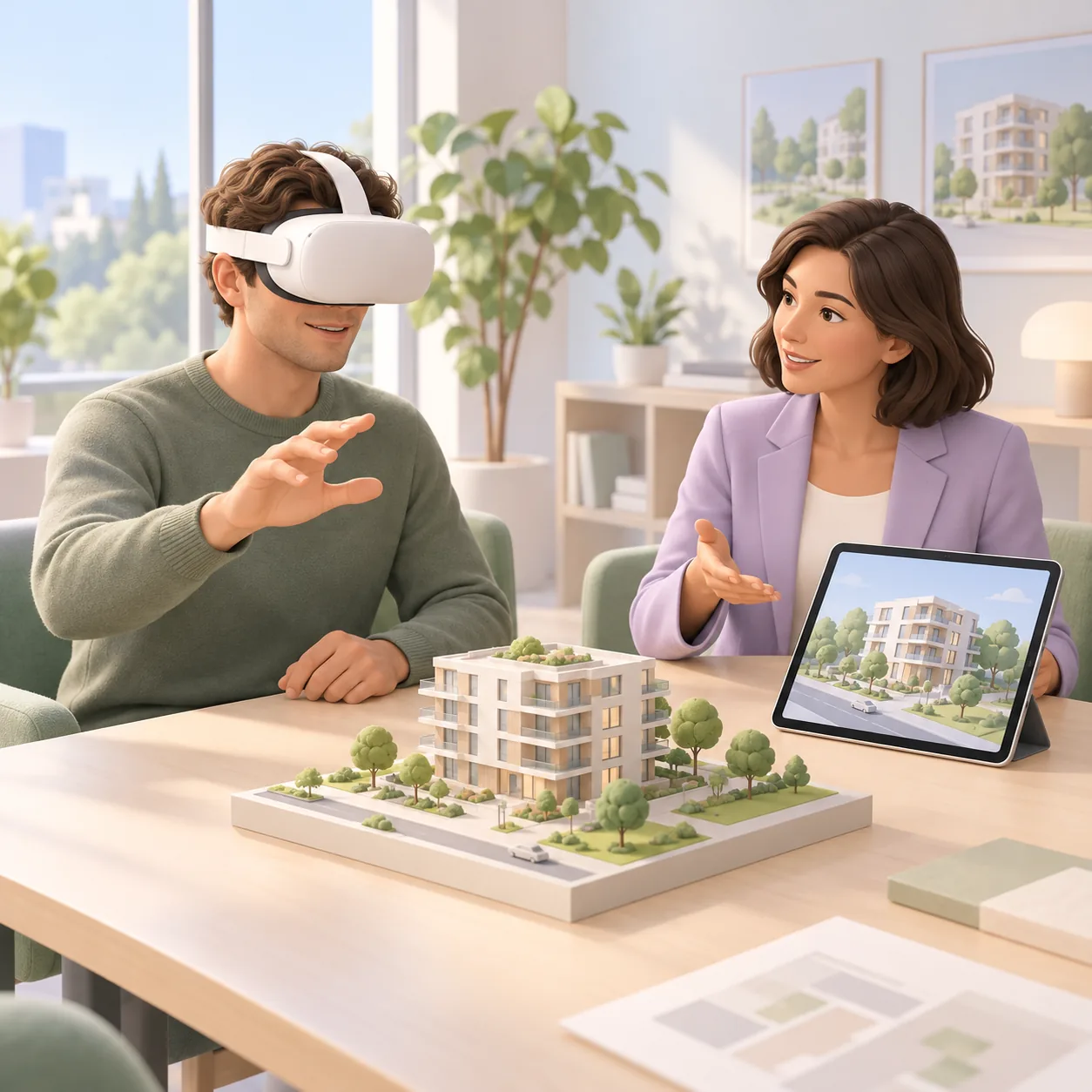 A salesperson guides a client wearing a VR headset