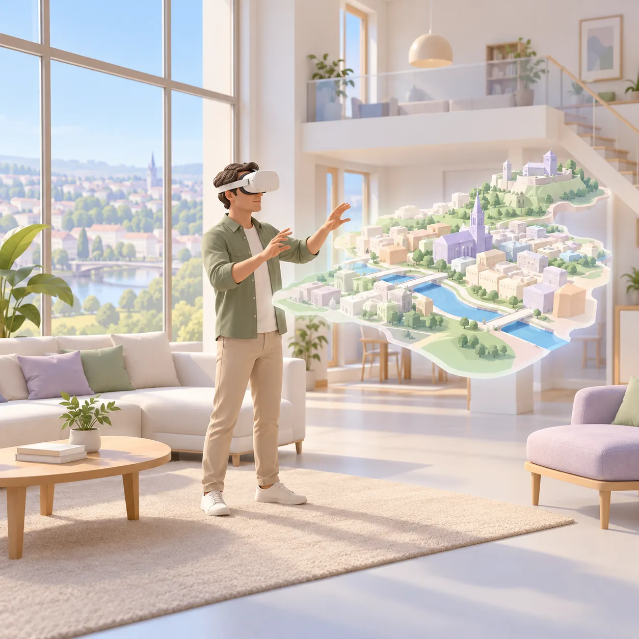 A person in a VR headset inside a life-size interior