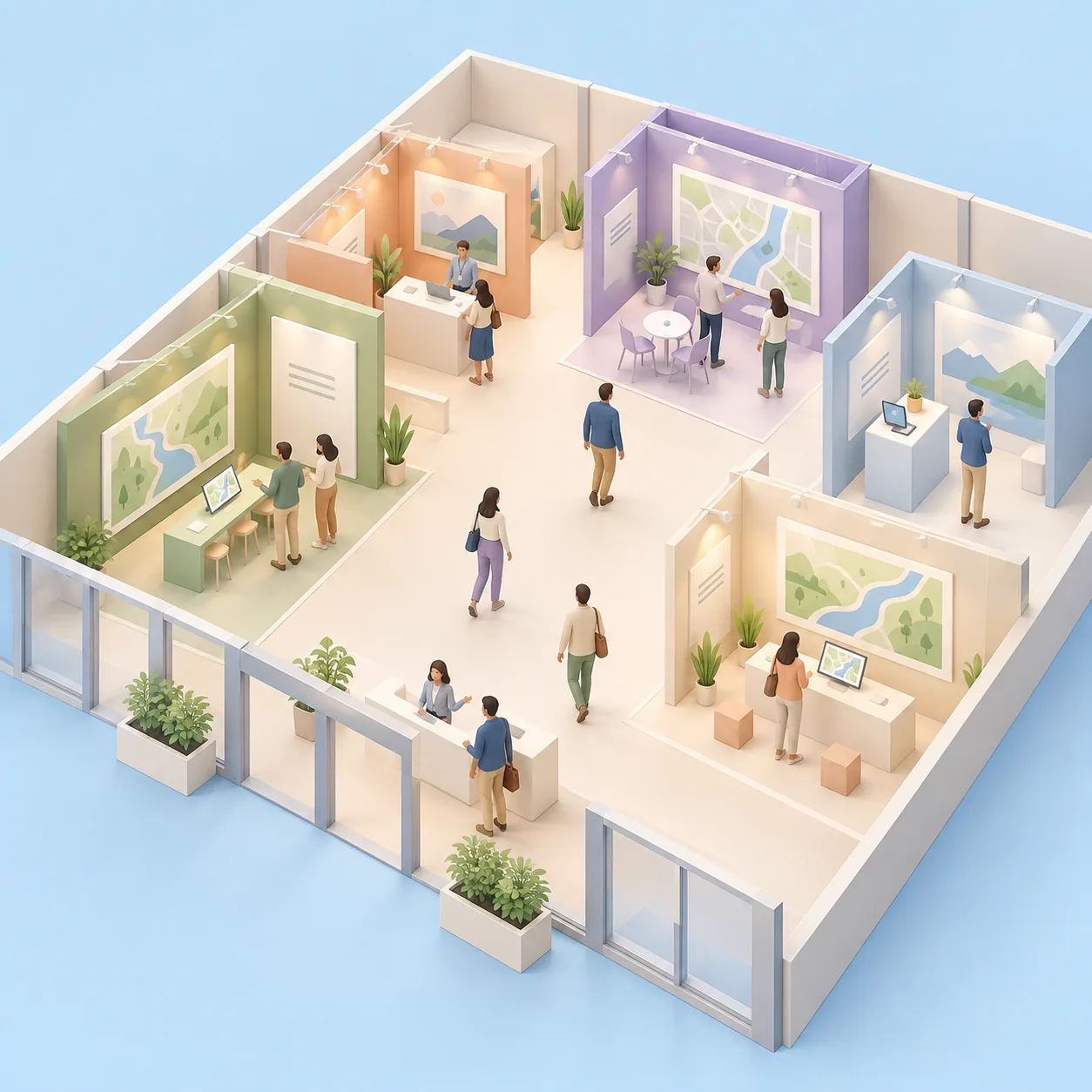 Plan 3D illustré d'un salon avec stands et visiteurs
