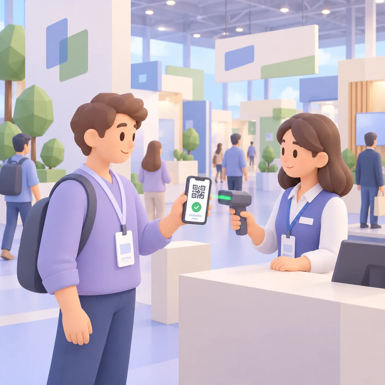 Un visiteur scanne le QR code Cartomapix sur son badge à l'accueil du salon