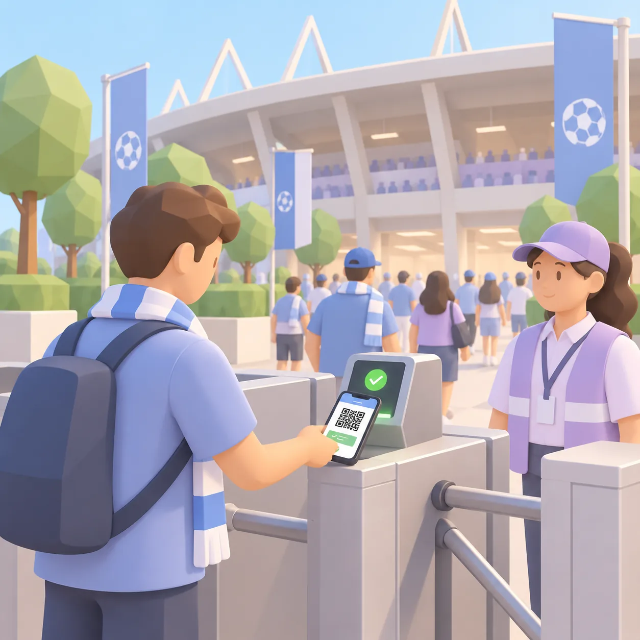 A spectator scans their ticket at the turnstile and opens the Cartomapix map