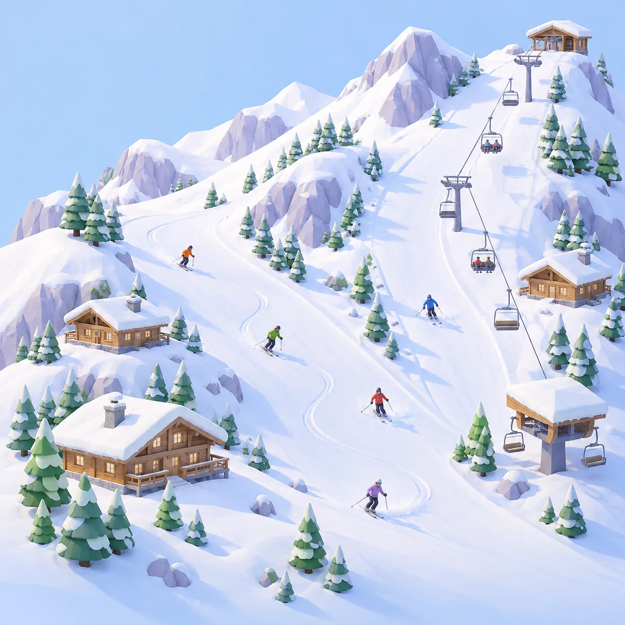 Plan 3D illustré d'une station de ski avec pistes, chalets et télésiège