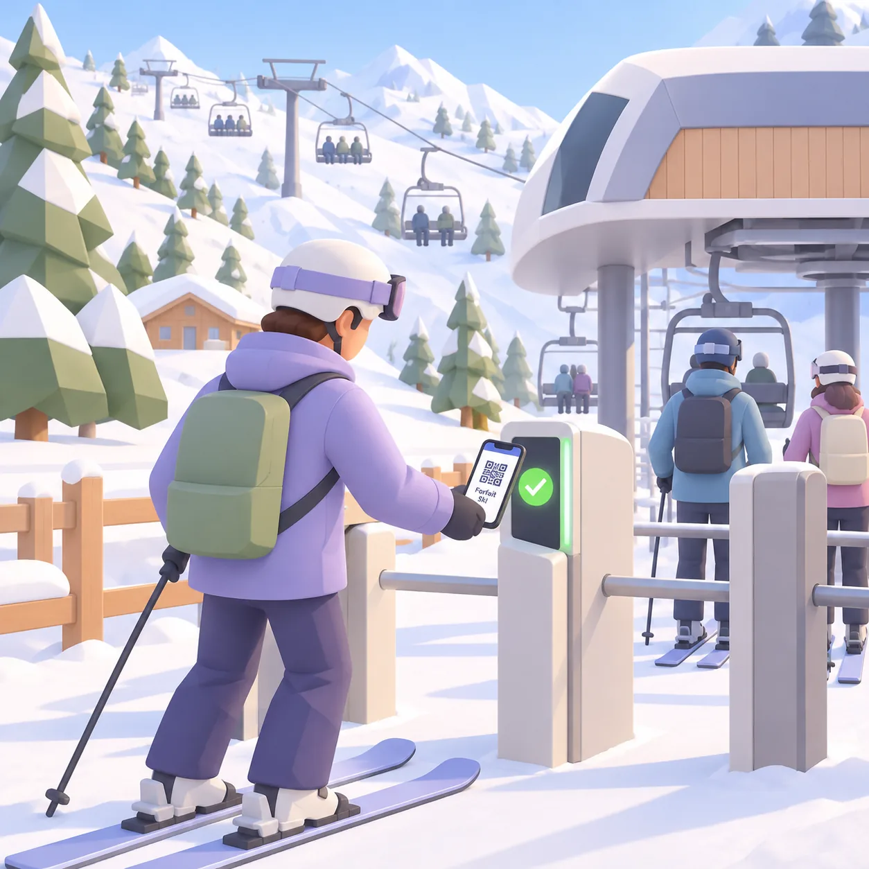 Un skieur scanne le QR code Cartomapix au portique des remontées