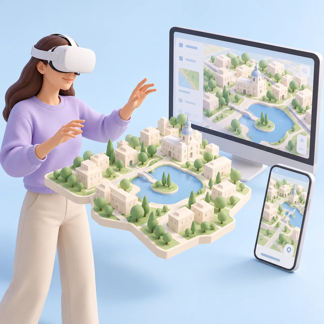 A person in a VR headset next to a model shown on screen