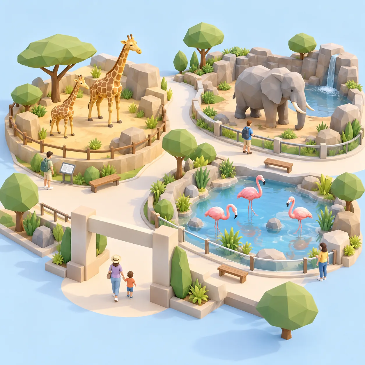 Plan 3D illustré d'un parc animalier avec girafes, éléphant et flamants roses