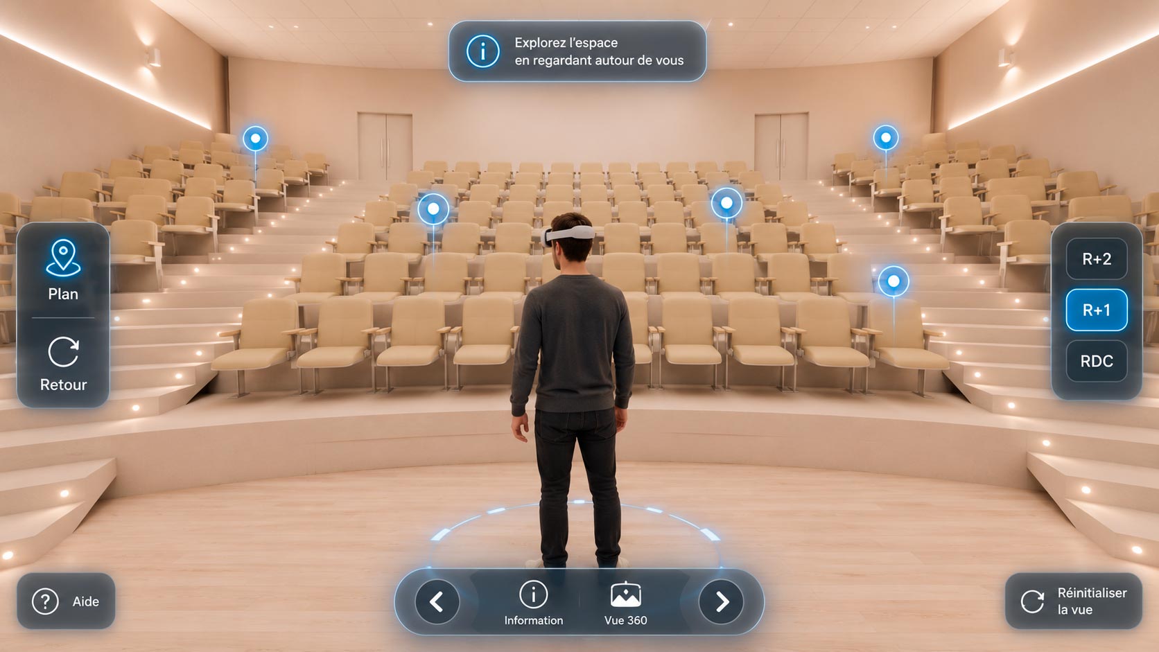 Visite en casque d'un auditorium, avec points d'intérêt, plan et sélecteur d'étage