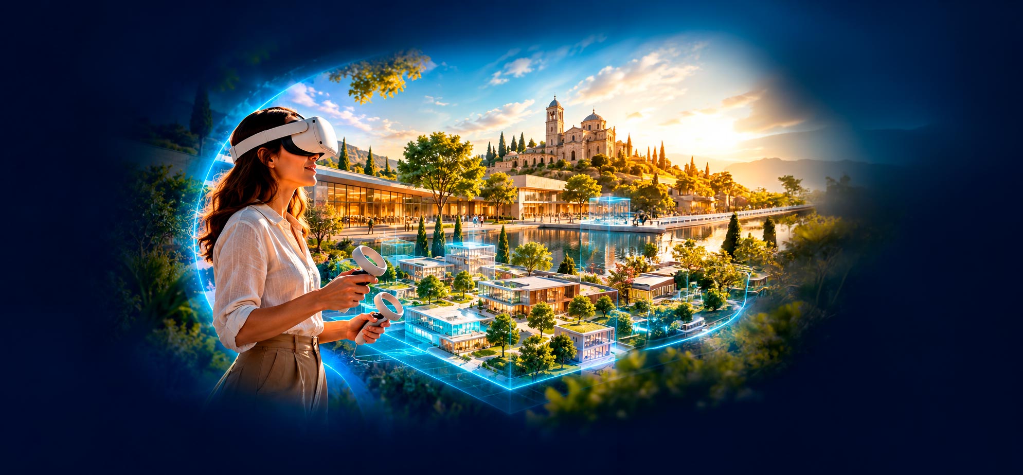 Une visiteuse équipée d'un casque de réalité virtuelle découvre un site entier en 3D