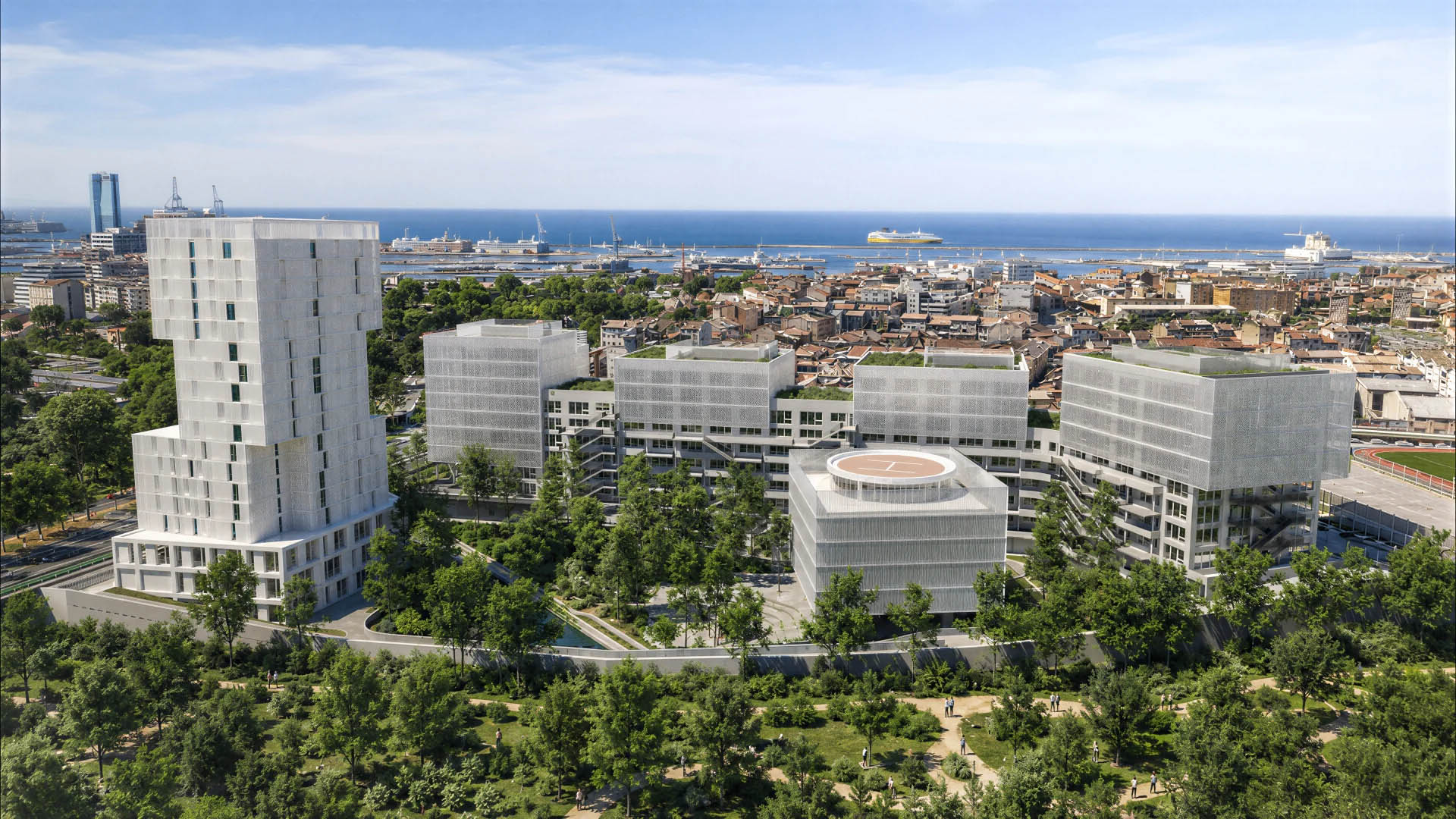 Vue aérienne du futur campus Theodora City, face au port de Marseille