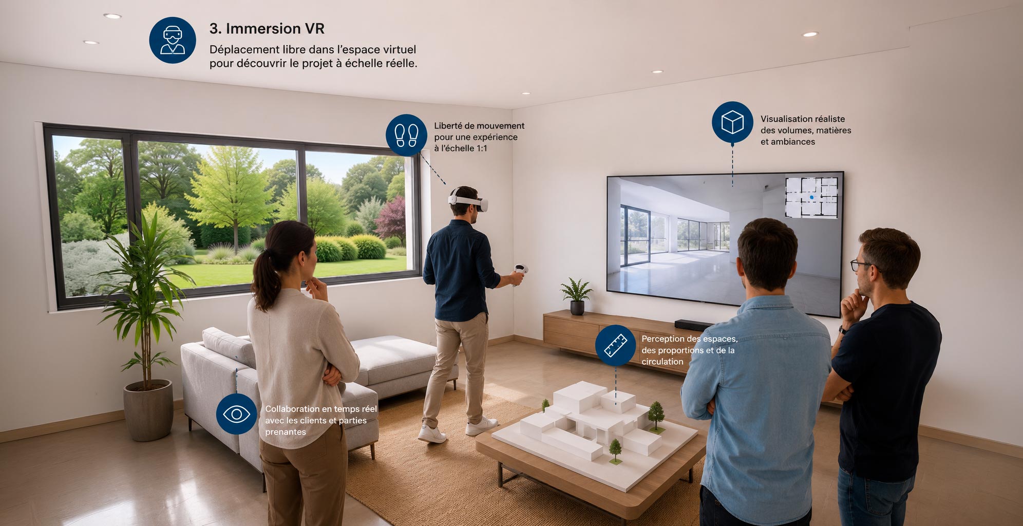 Présentation d'un projet immobilier en réalité virtuelle devant des clients, à l'échelle réelle
