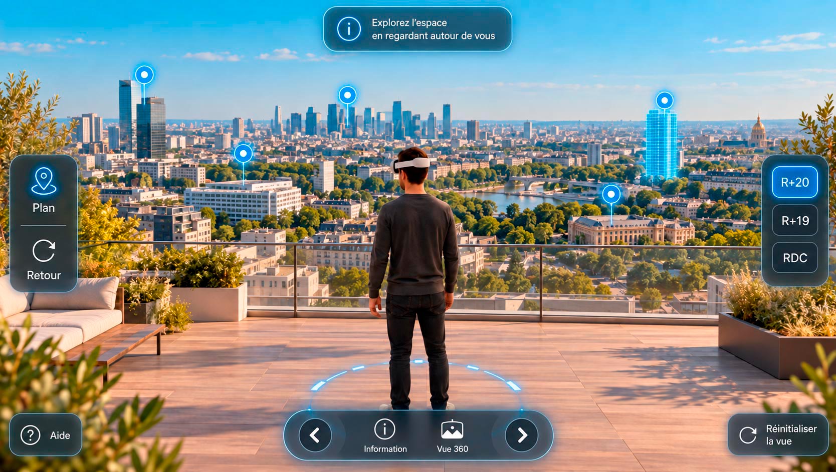 Vue en casque depuis un toit-terrasse au 20e étage, avec sélecteur d'étage et points d'intérêt sur la ville