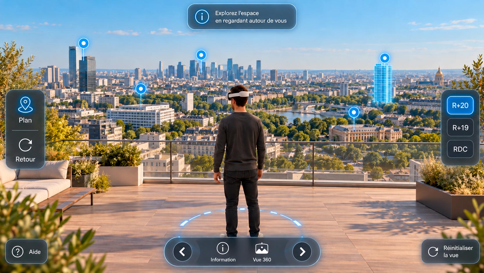 Visite en réalité virtuelle avec un casque, plan interactif et points d'intérêt