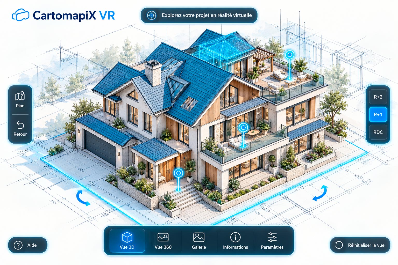 Version web de Cartomapix VR affichant une villa en 3D