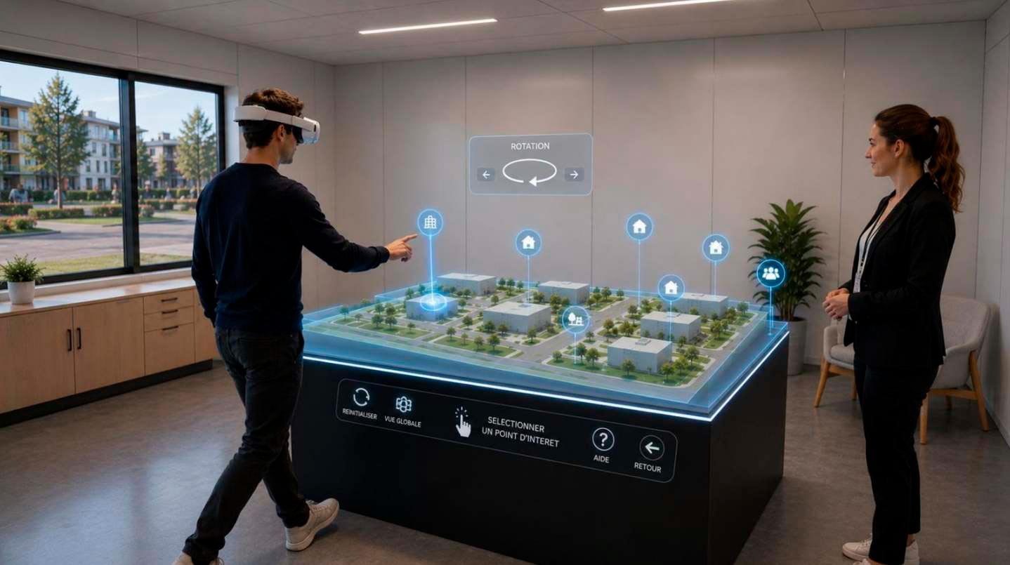 Un client en casque VR explore une maquette interactive, accompagné par une conseillère